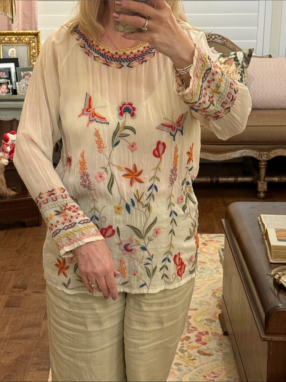 Johnny Was Cream Boho Embroidered Floral Peasant Blouse